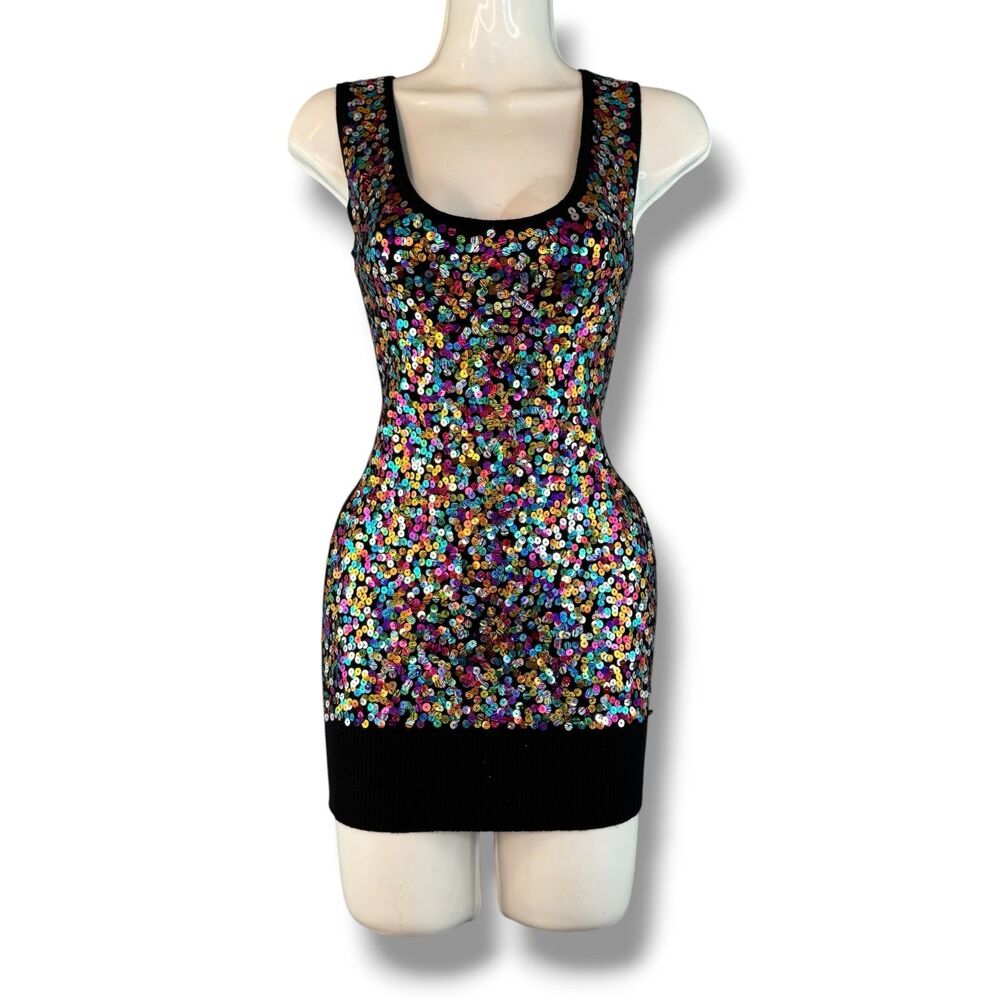 Vintage Windsor Multicolor/Black Sequins Knit Tank Dress Size XS Clubbing Dress